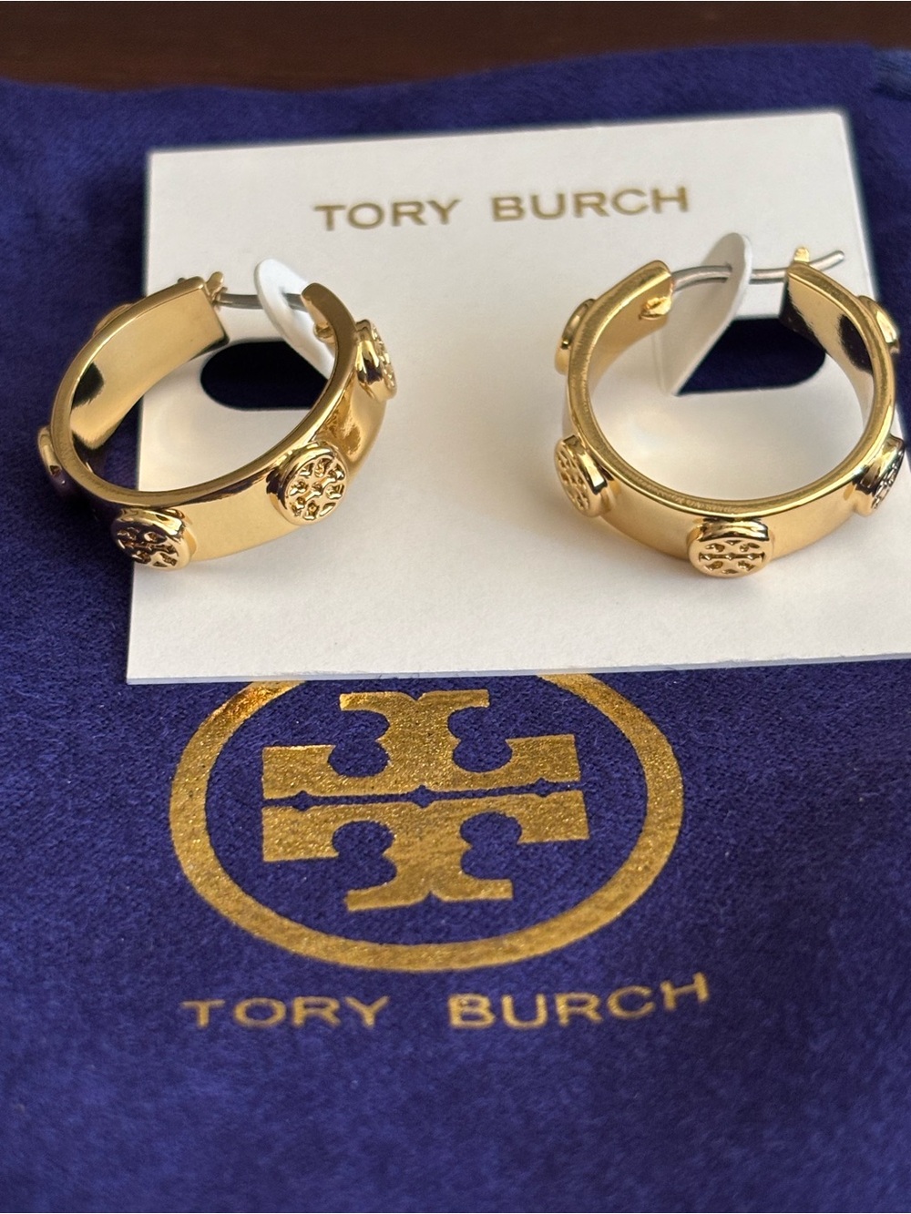 BN, Tory Burch Gold Logo Hoop Earrings with Medallions